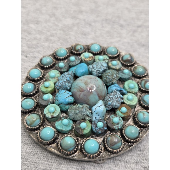 Vintage Zuni Navajo Turquoise Cluster Womens Heavy Circular Belt Buckle Rare main image 6